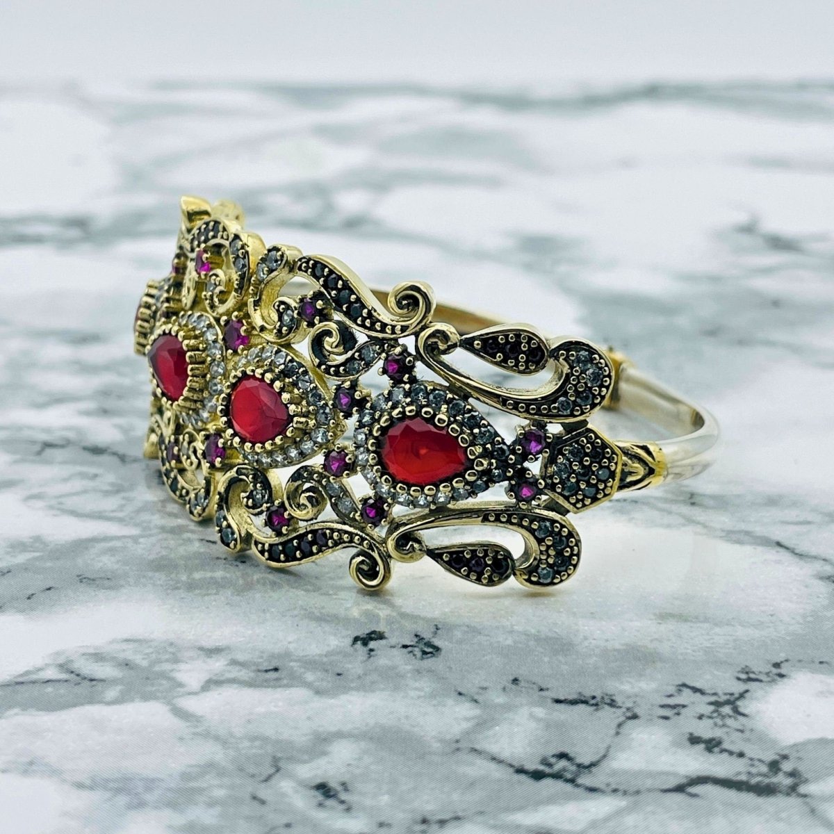 Istanbul Jewelry | Silver Ruby Ottoman Cuff Bracelet - TryAladdin