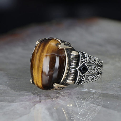 Tesbihevim | Chain Series Men's Silver Ring with Tiger's Eye Stone - TryAladdin