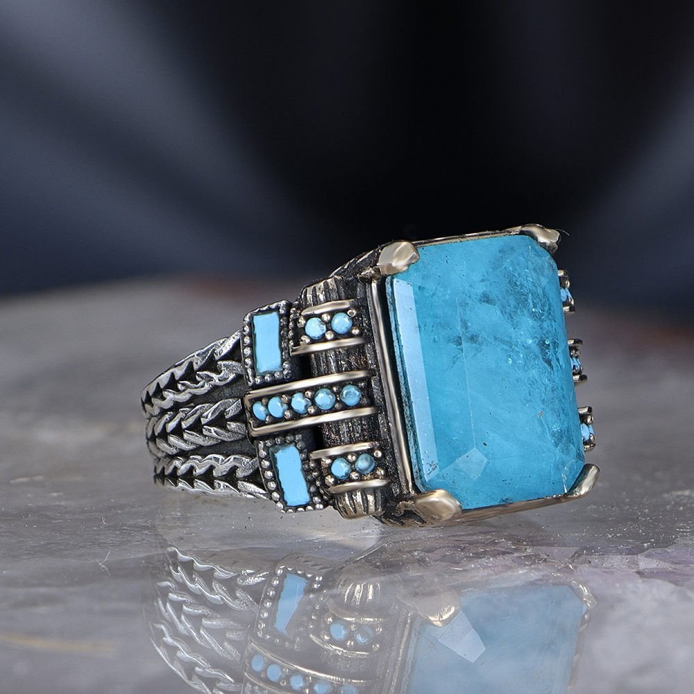 Tesbihevim | Chain Series Men's Silver Ring with Blue Topaz Stone - TryAladdin