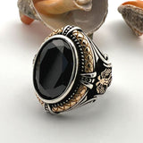 Black Onyx Stone Double Headed Eagle Silver Ring - TryAladdin