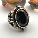 Black Onyx Stone Double Headed Eagle Silver Ring - TryAladdin