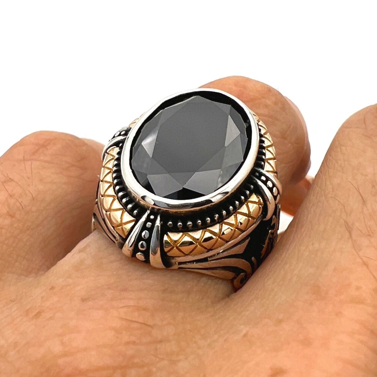 Black Onyx Stone Double Headed Eagle Silver Ring - TryAladdin