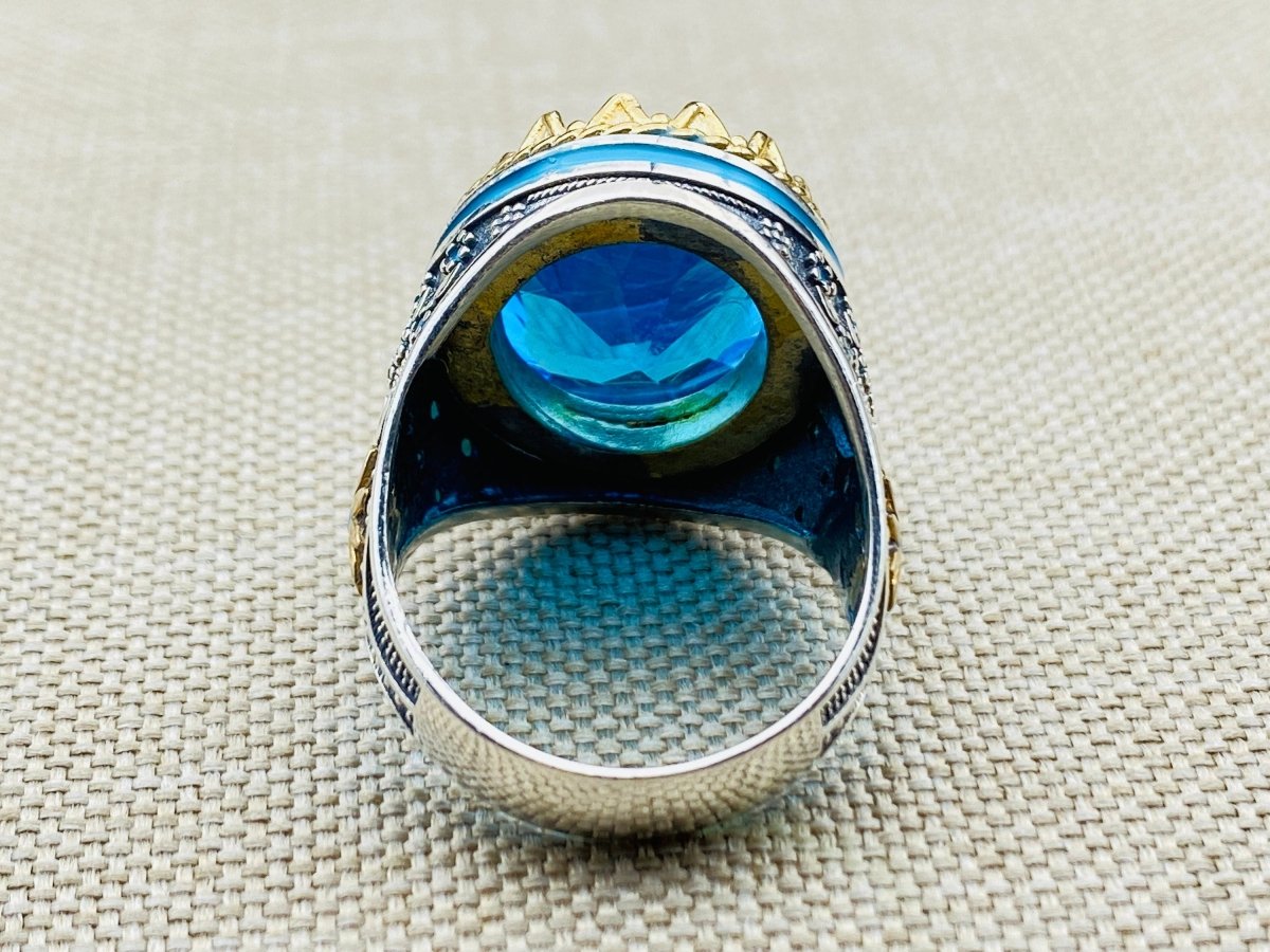 Blue Aquamarine Oval Stone Men's Ring - TryAladdin