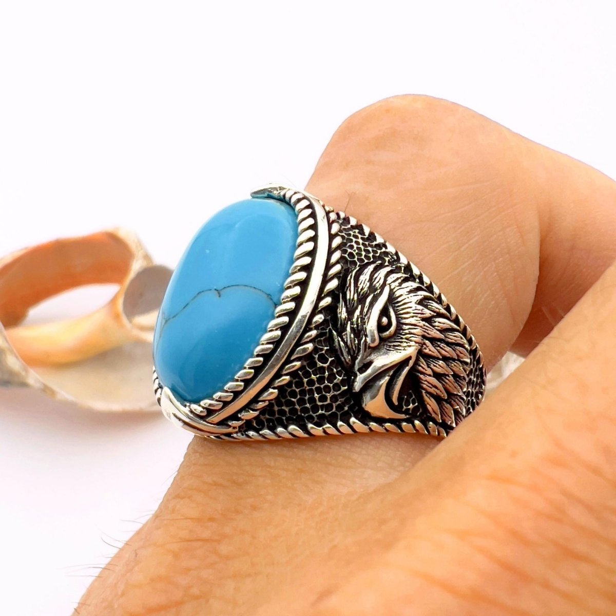 Blue Turquoise Oval Stone Silver Ring - TryAladdin