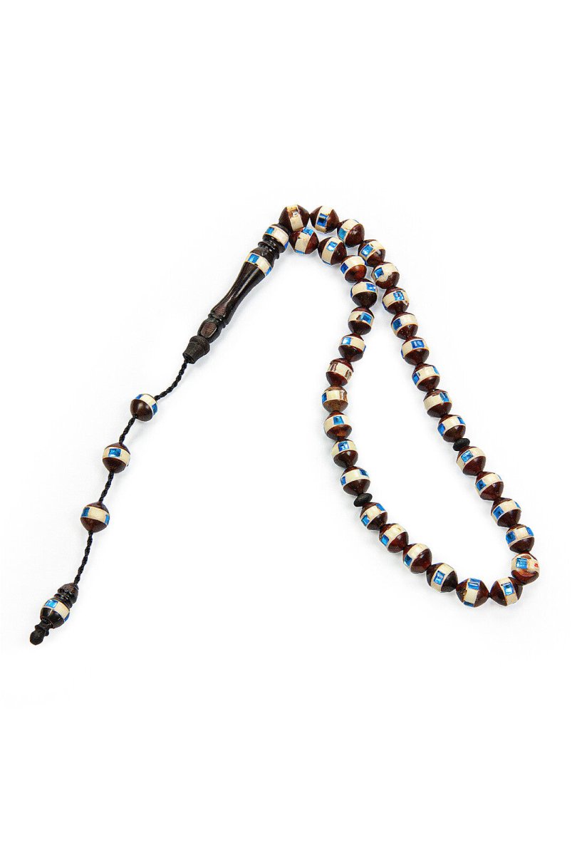 Brown Blue Embroidered 33 Beaded Kuka Wood Tasbih - TryAladdin