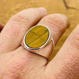 Brown Tiger's Eye Oval Stone Men's Silver Ring - TryAladdin