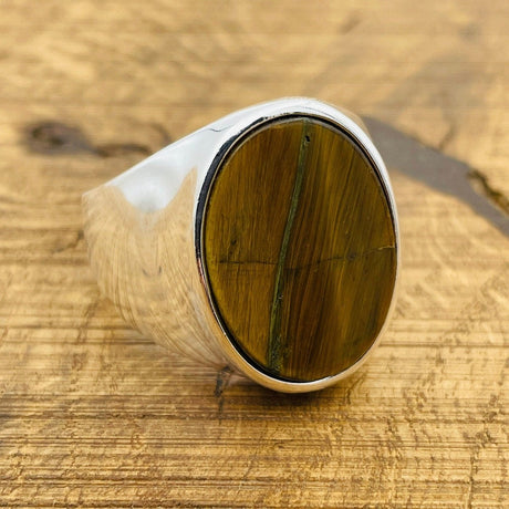 Brown Tiger's Eye Oval Stone Men's Silver Ring - TryAladdin