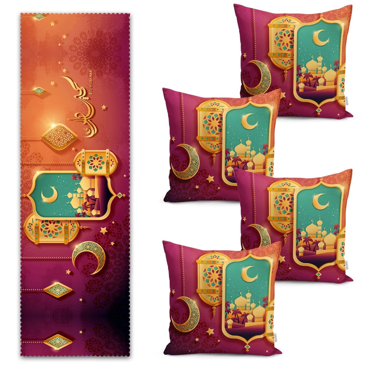 Crescent and Ramadan Lantern Specially Designed Digital Printed Runner and Cushion Pillow Cover Set - TryAladdin