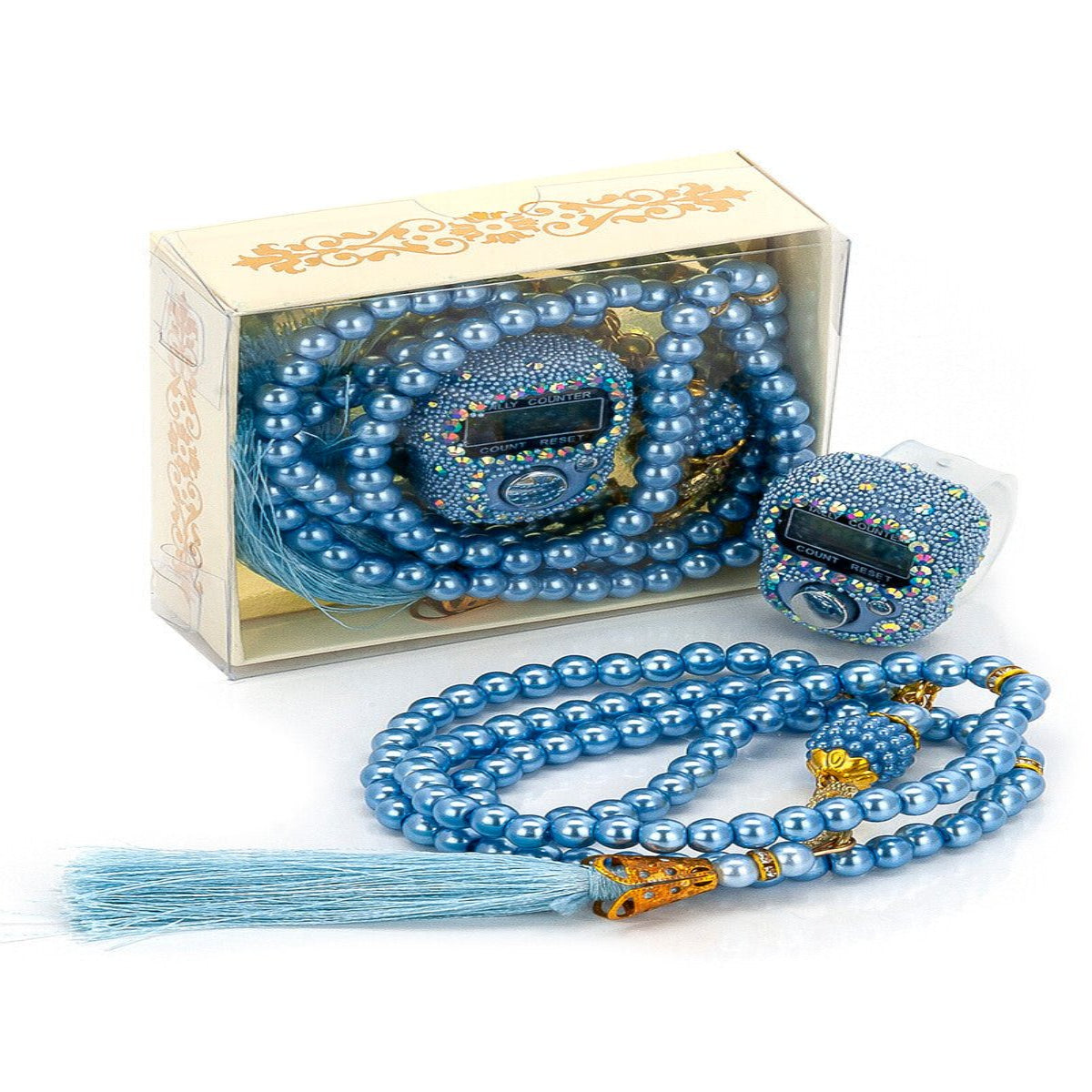 Crystal Stone Prayer Bead and Stone Designed Dhikrmatic Gift Set. Blue Color - TryAladdin