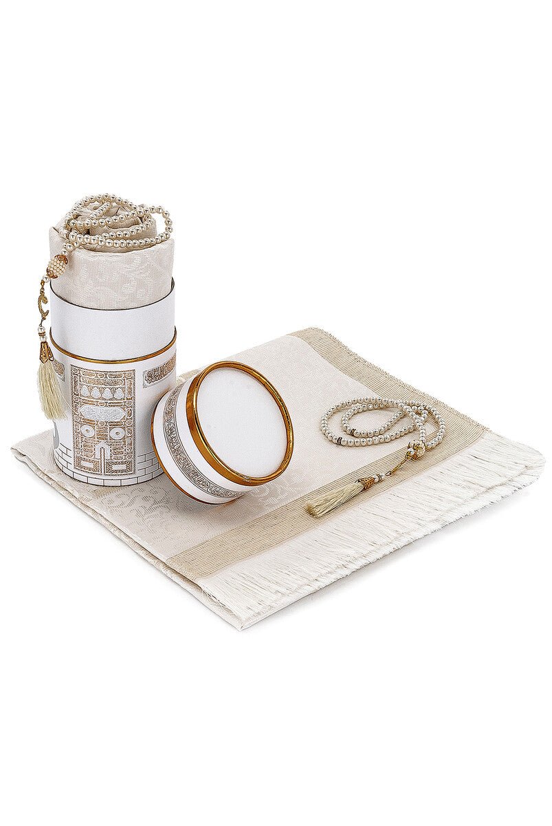 Cylender Boxed Prayer Rug Set,White - TryAladdin