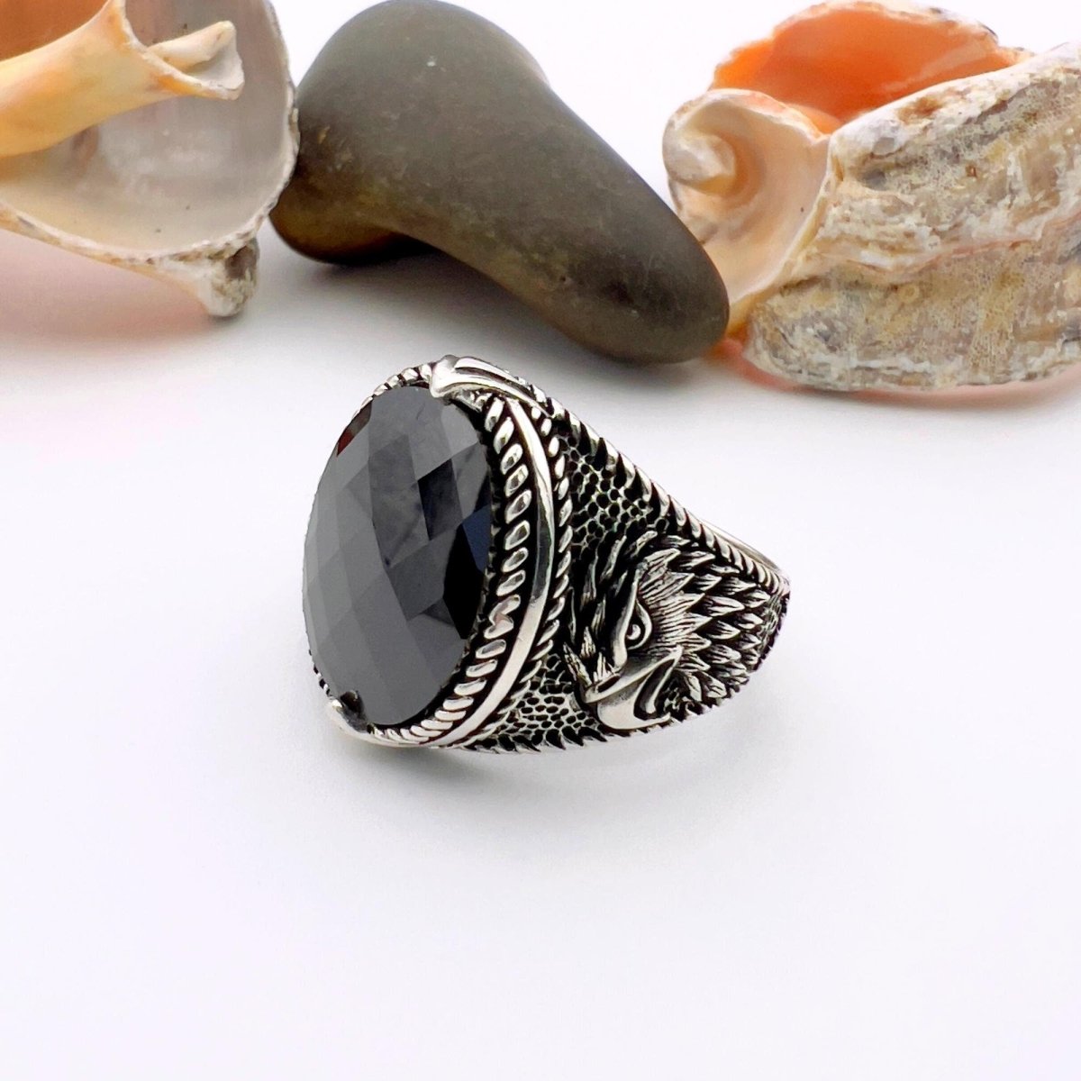 Eagle Detailed Men's Black Zircon Stone Silver Ring - TryAladdin