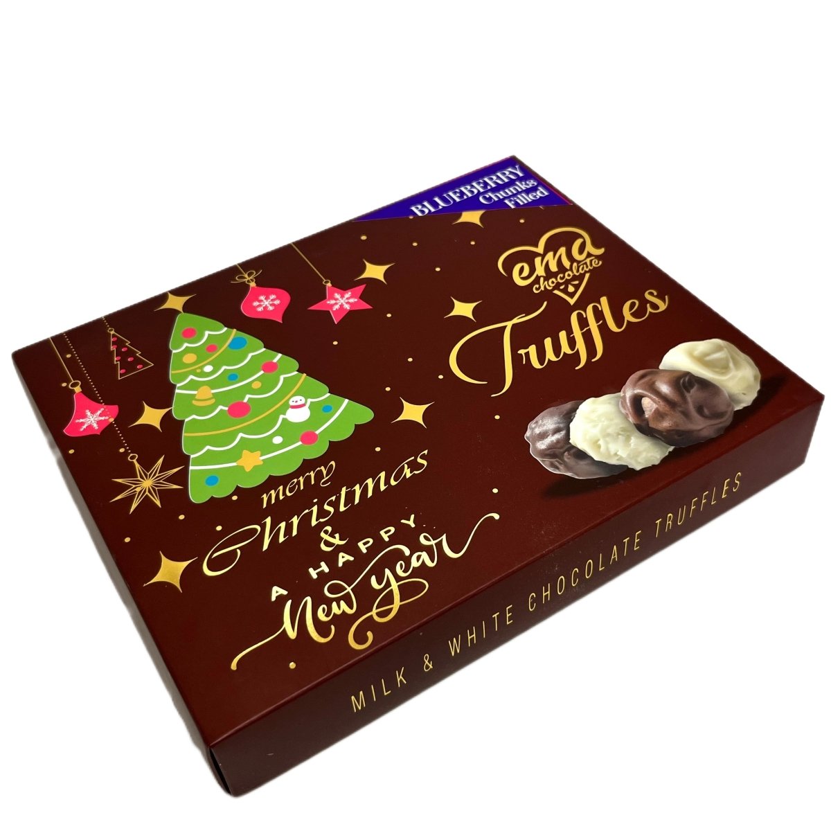 Ema Chocolate Milk and White Chocolate Truffles with Blueberry Cream Filled - Merry Christmas Box - 250g - TryAladdin