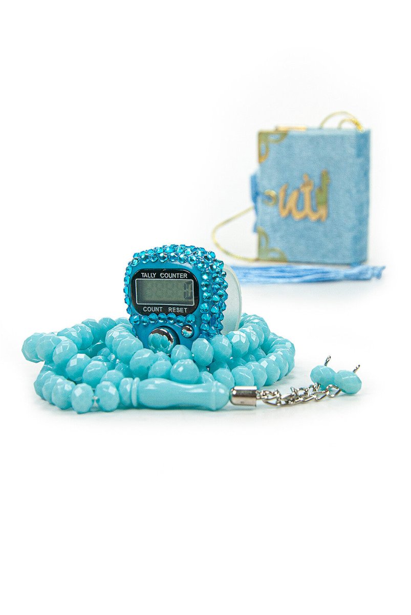 Hajj Umrah Gift Set with Mini Quran, Crystal Stone Prayer Bead and Stone Designed Dhikrmatic, Blue Color - TryAladdin