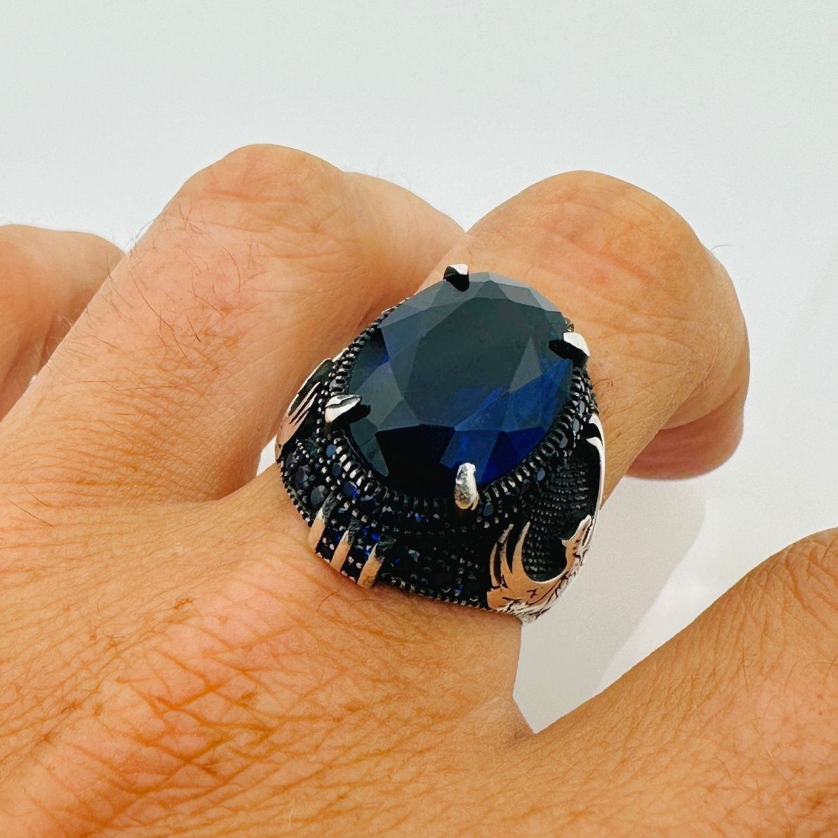 Handmade Men's Eagle Blue Sapphire Silver Ring - TryAladdin