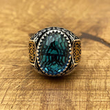 Handmade Men's Oval Blue Aquamarine Silver Ring - TryAladdin