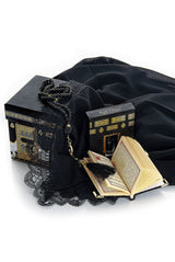 Kaaba Patterned Gift Set with Special Box - Lace Scarf - Essence - Pearl Tasbih - Velvet Covered Yasin - Black - TryAladdin