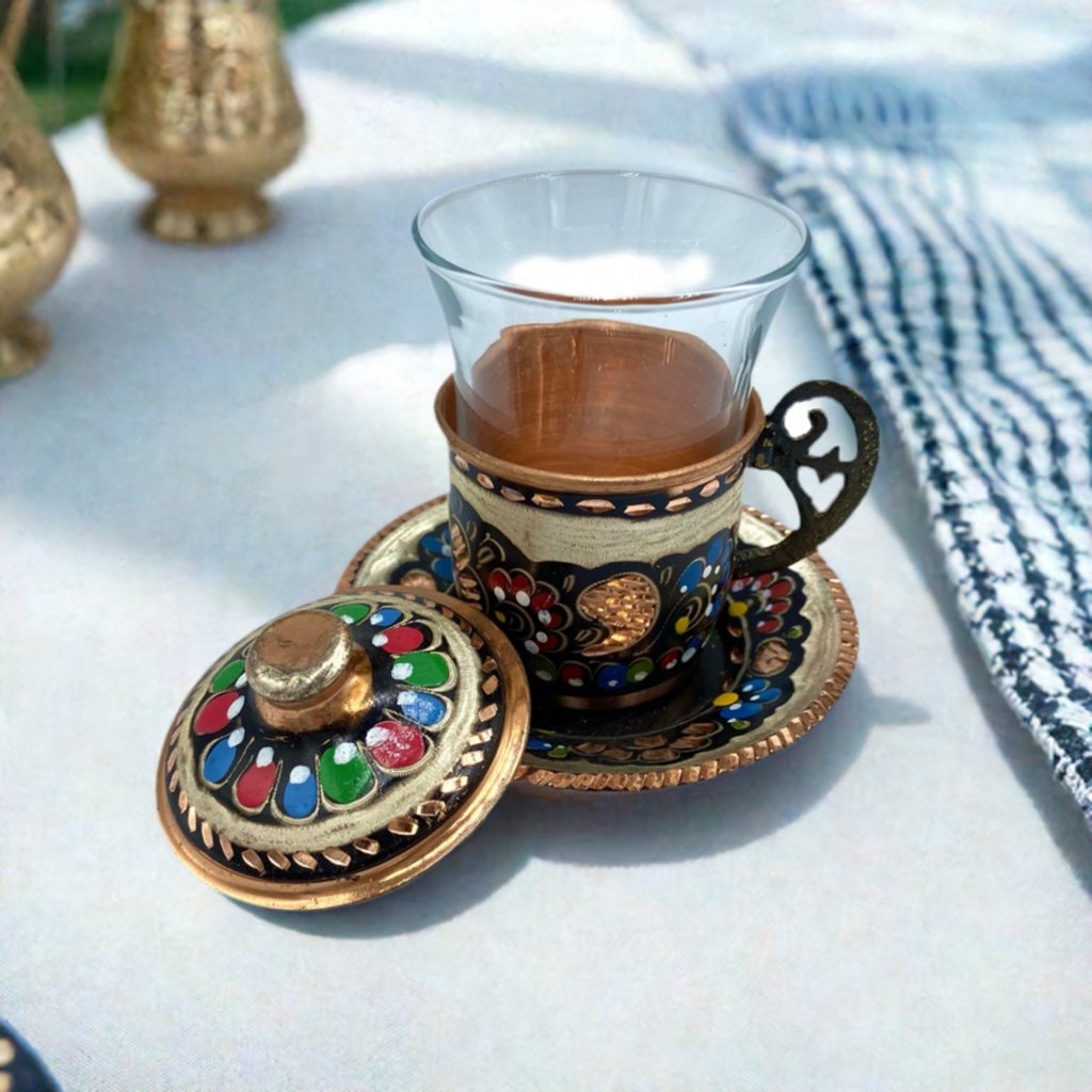 Lavina | Copper Turkish Tea Cup with Lid Erzincan Design - TryAladdin