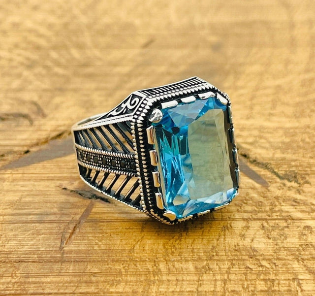 Men's Aquamarine Square Ring - TryAladdin