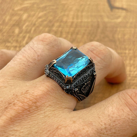 Men’s Aquamarine Square Ring - TryAladdin