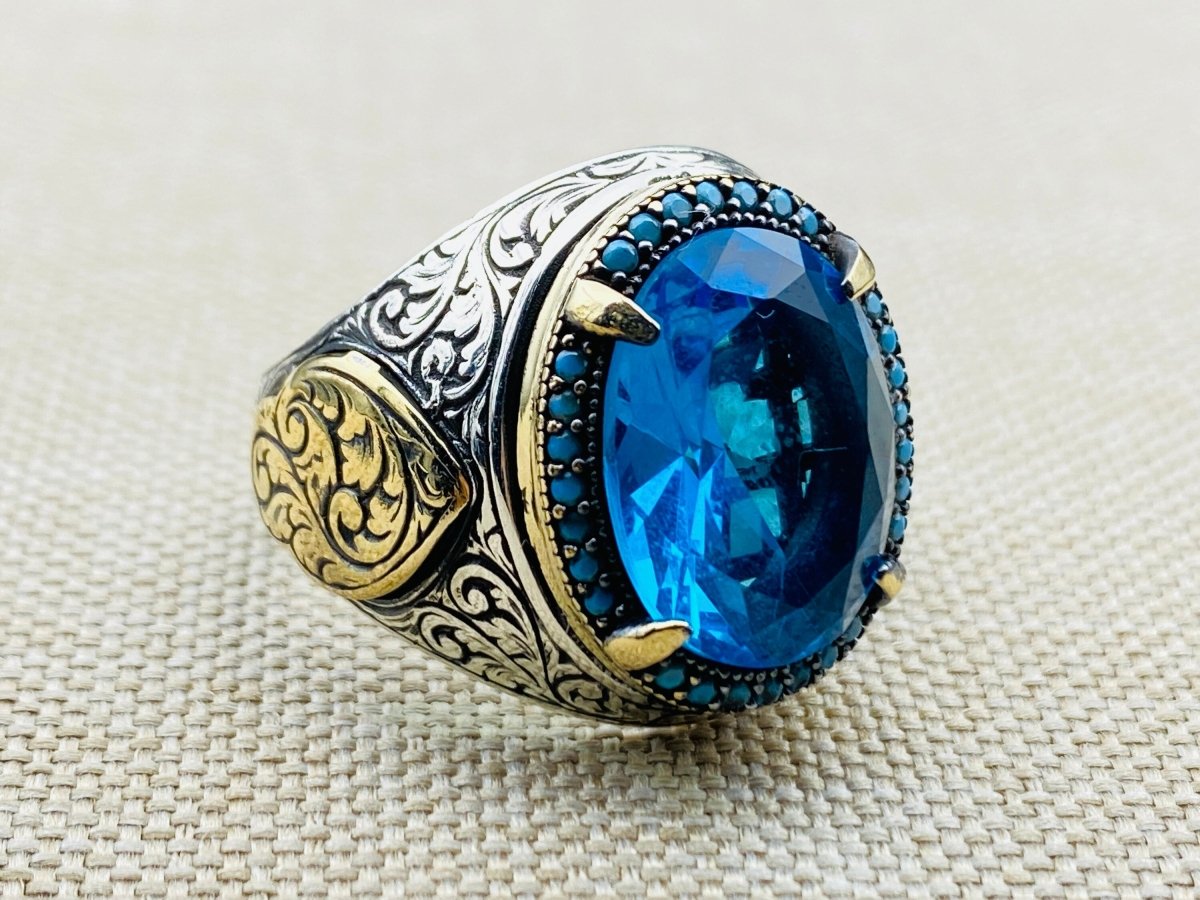 Men's Aquamarine Stone Blue 925 Sterling Silver Ring - TryAladdin