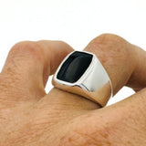 Men's Black Onyx Silver Rectangle Stone Ring - TryAladdin