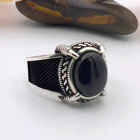 Men's Black Onyx Stone Silver Ring - TryAladdin