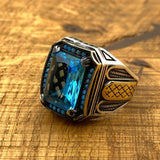 Men's Blue Aquamarine Silver Ring - TryAladdin