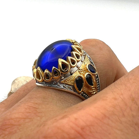 Men's Blue Sapphire Stone Silver Ring - TryAladdin