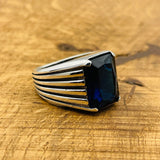 Men's Blue Sapphire Stone Silver Ring - TryAladdin