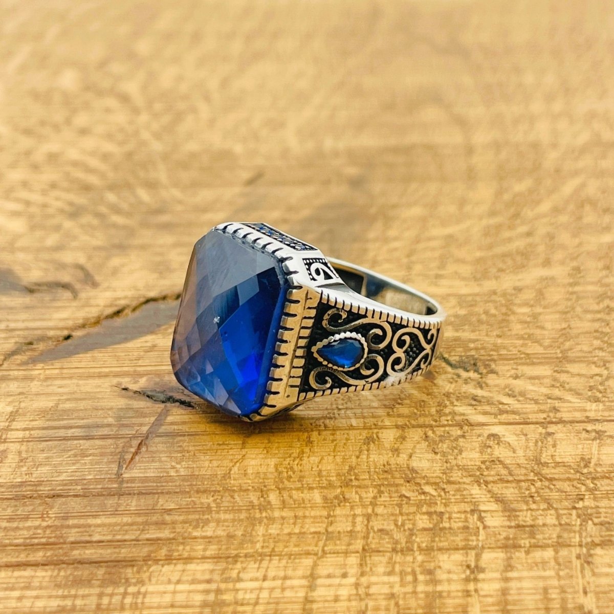 Men’s Blue Zircon Square Ring - TryAladdin