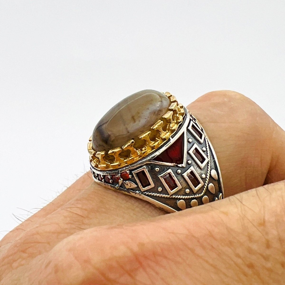 Men's Brown Agate Silver Ring - TryAladdin