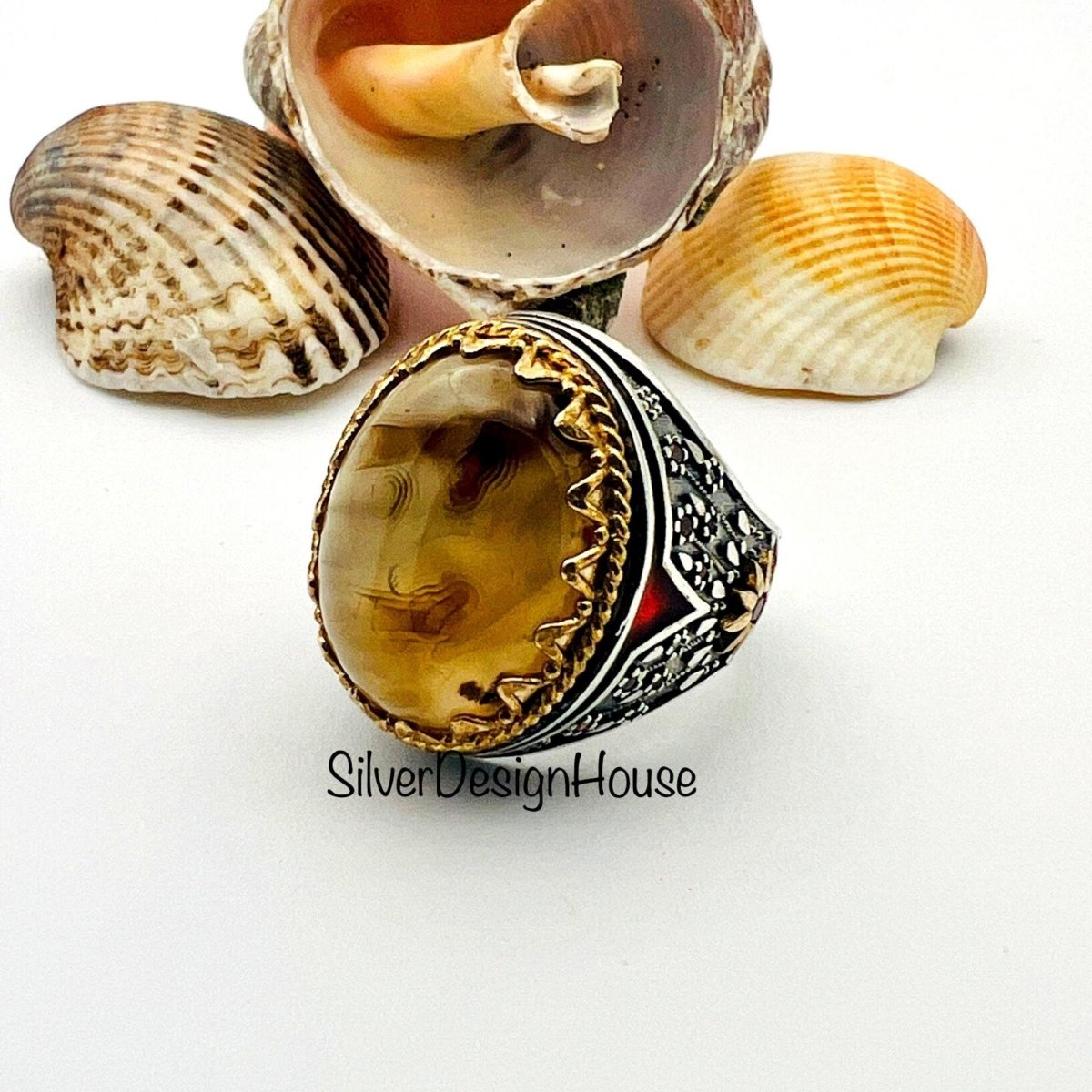 Men's Brown Agate Stone Silver Ring - TryAladdin