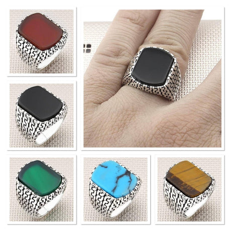 Men's Chain Patterned Plain Stone Handmade Silver Ring - TryAladdin