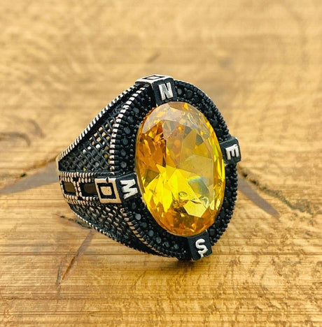 Men's Citrine Compass Silver Ring - TryAladdin