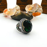 Men's Green Emerald Oval Stone Silver Ring - TryAladdin