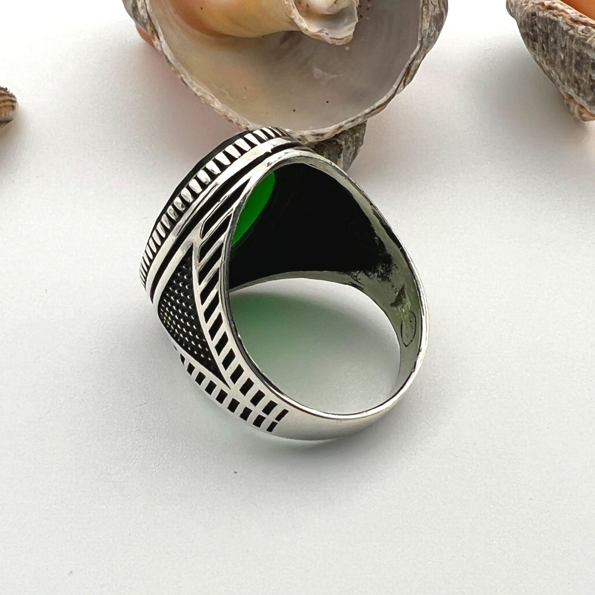 Men's Green Emerald Stone Ottoman Style Silver Ring - TryAladdin