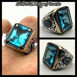 Men's Handmade Blue Aquamarine Stone Silver Ring - TryAladdin