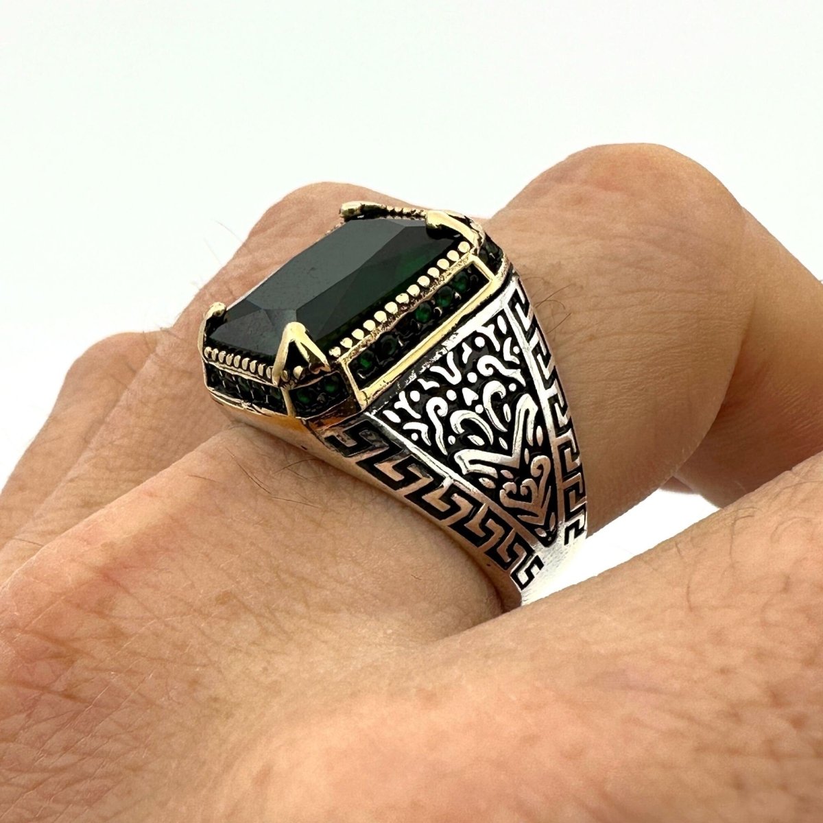 Men's Handmade Onyx - Aqua - Emerald Stone Silver Ring - TryAladdin