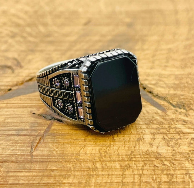 Men's Natural Stone Black Onyx Square Ring - TryAladdin