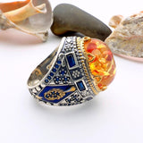 Men's Orange Amber Silver Ring - TryAladdin