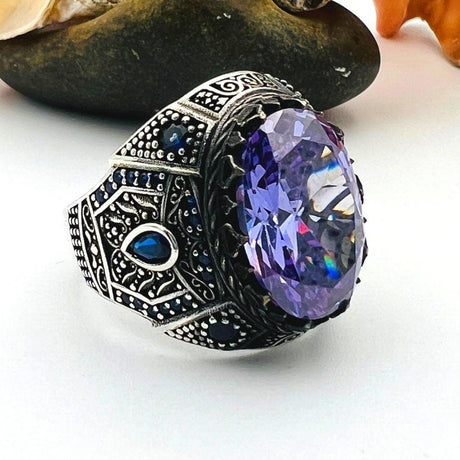 Men's Purple Amethyst Stone Turkish Silver Ring - TryAladdin