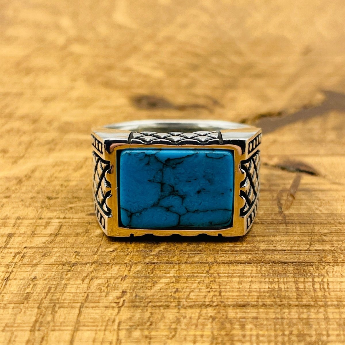 Men's Rectangle Blue Turquoise Stone Ring - TryAladdin