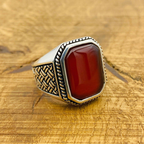 Men's Red Agate Gemstone Silver Ring - TryAladdin