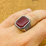 Men's Red Agate Gemstone Silver Ring - TryAladdin