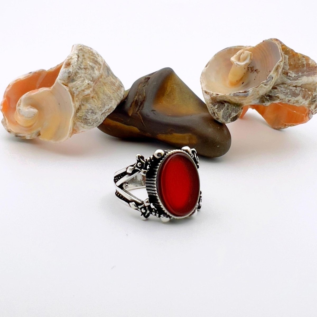 Men's Red Agate Stone Silver Ring - TryAladdin