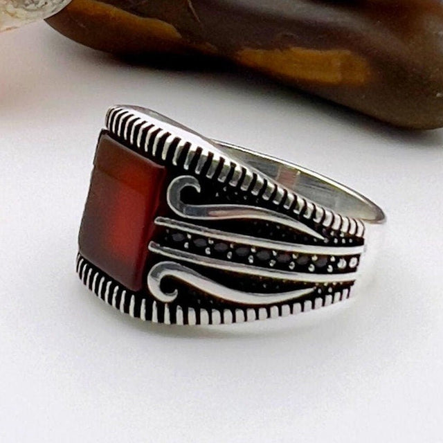 Men's Red Agate Stone Silver Ring - TryAladdin