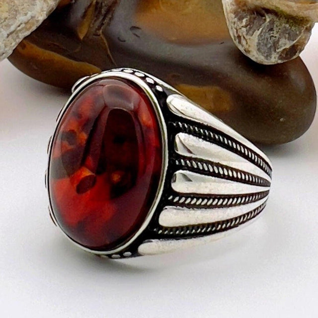 Men's Red Amber Stone Silver Ring - TryAladdin