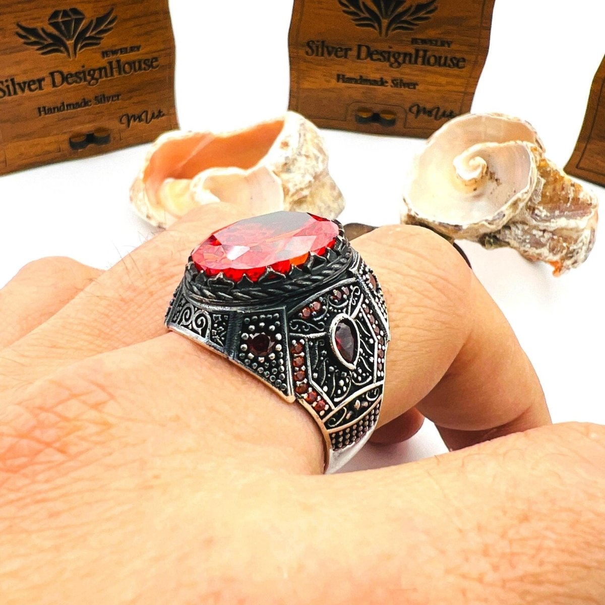 Men's Red Ruby Stone Silver Ring - TryAladdin