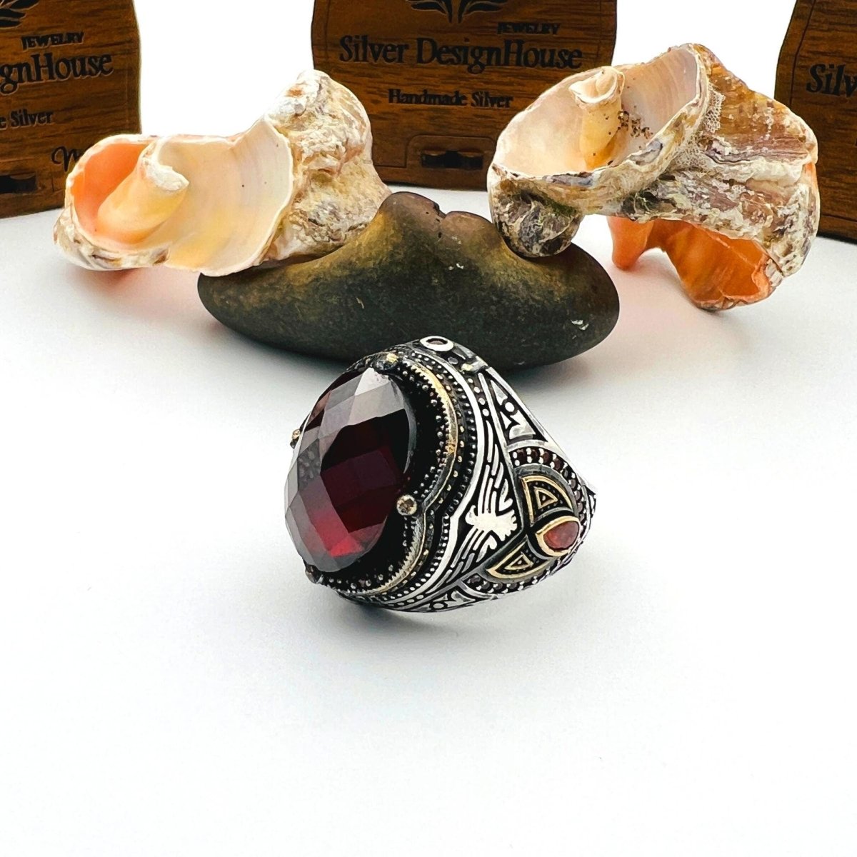 Men's Red Zircon Oval Stone Silver Ring - TryAladdin