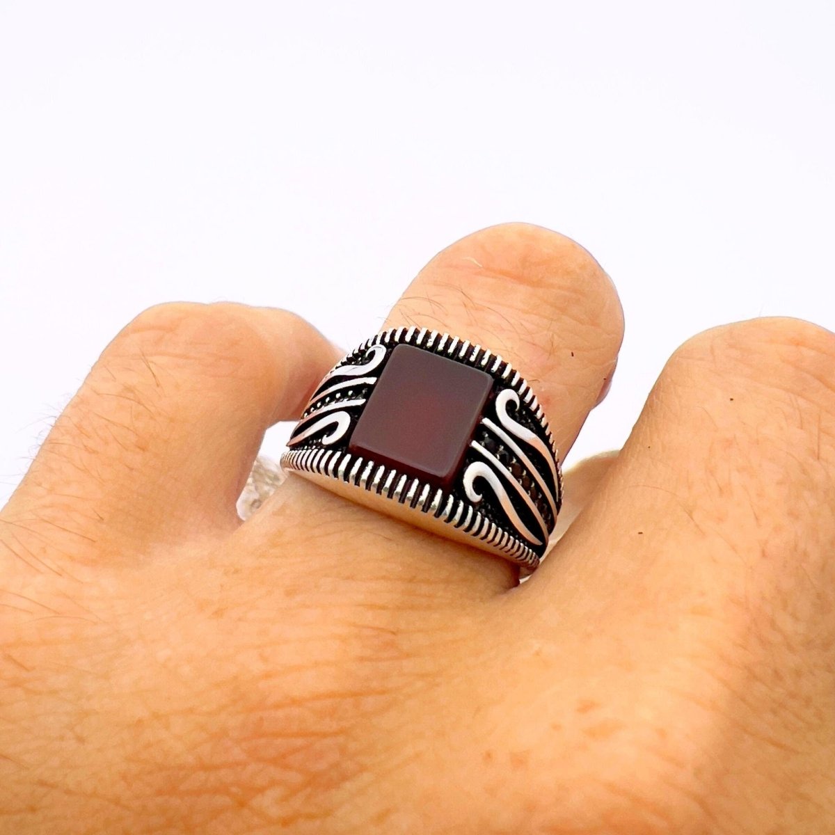 Men's Silver Ring with Square Red Agate - TryAladdin